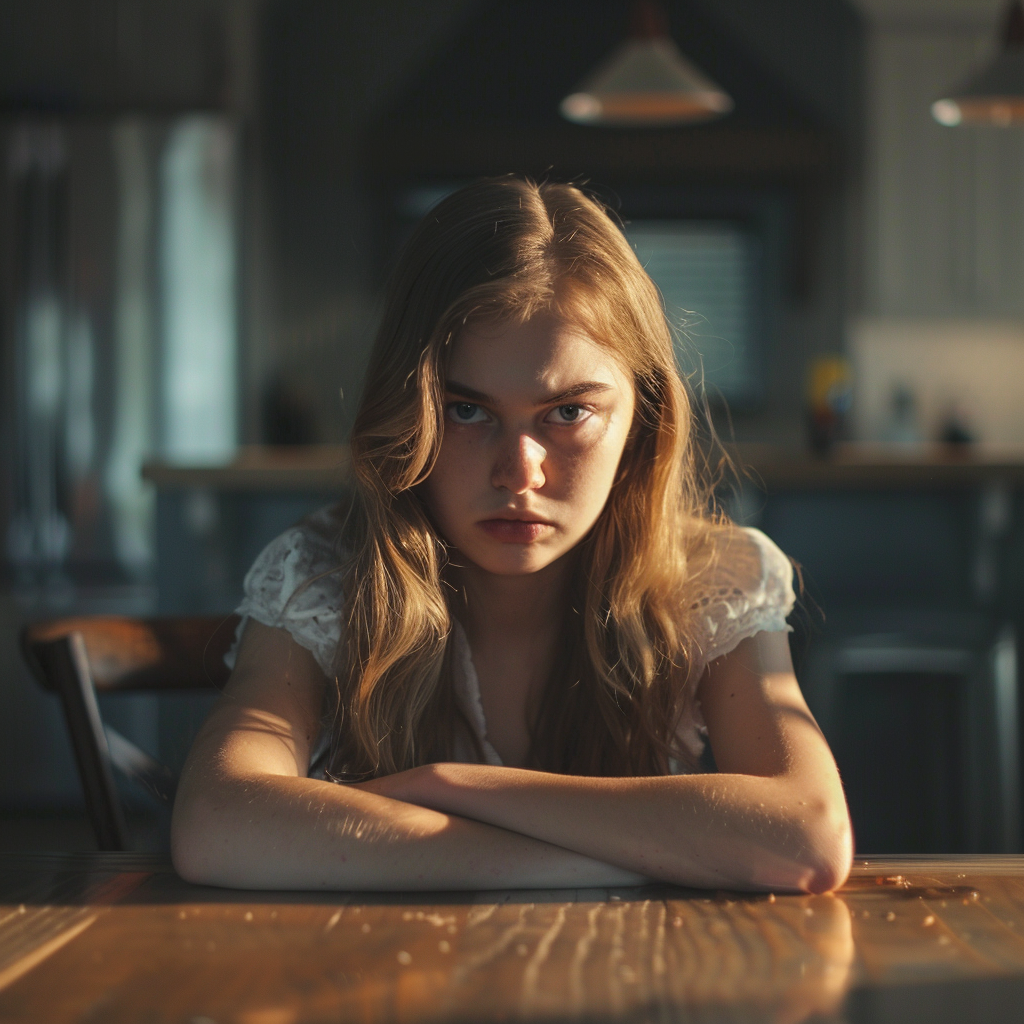 An upset girl sitting at a table | Source: Midjourney