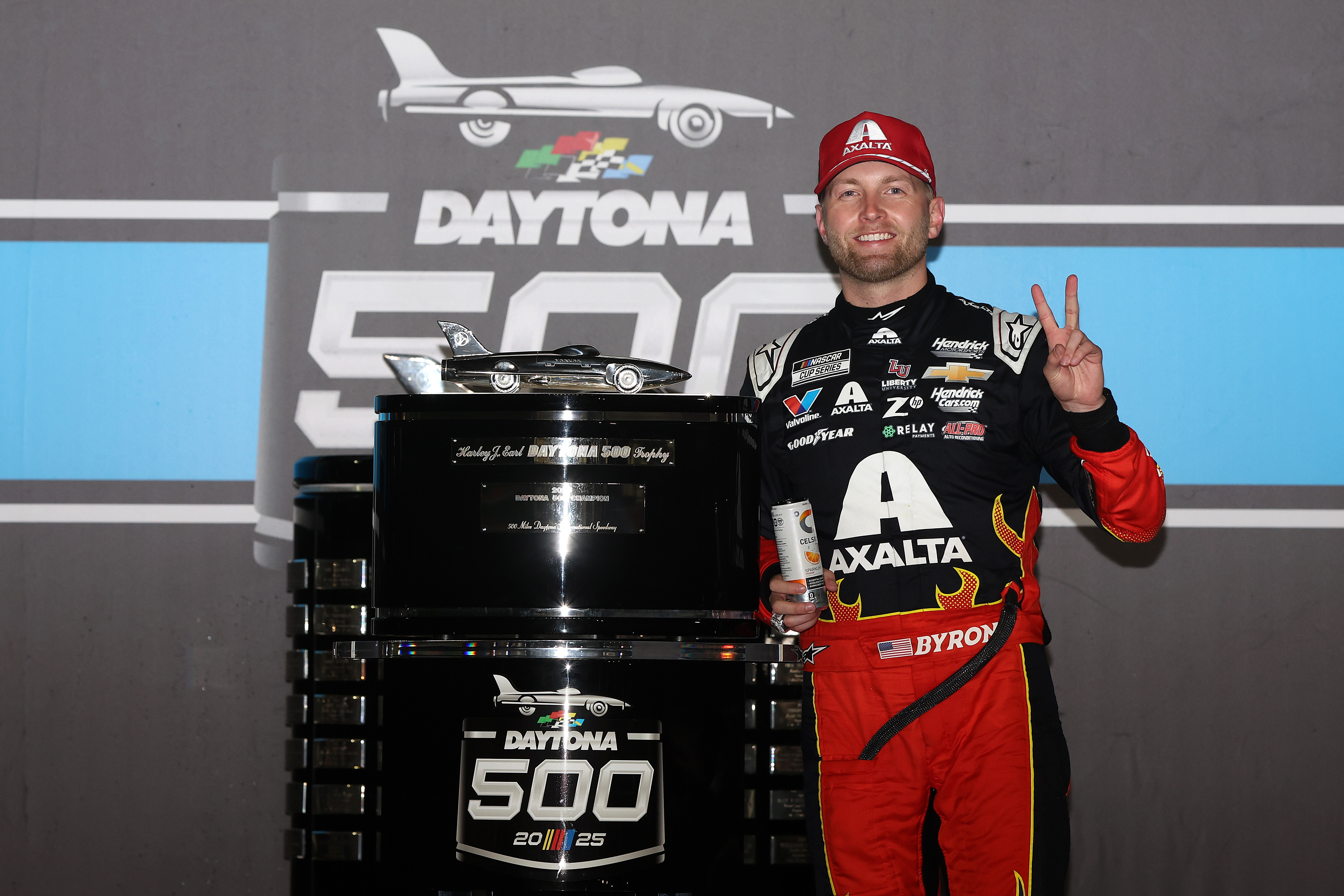 Driver William Byron celebrating in victory lane after winning the NASCAR Cup Series Daytona 500 on February 16, 2025, in Daytona Beach, Florida. | Source: Getty Images