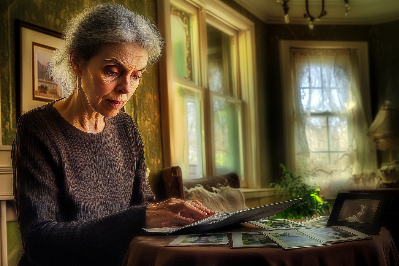 An old woman touching photos on a table | Source: Midjourney