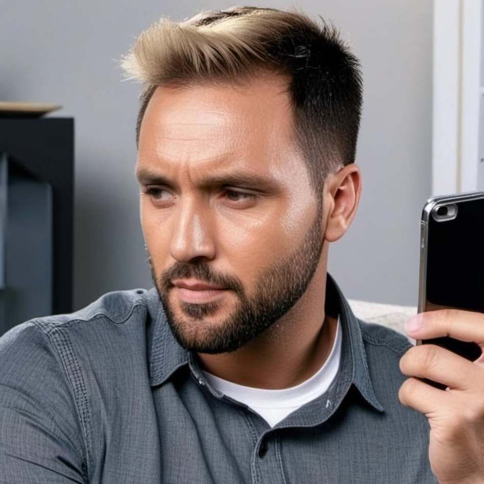 A man holding up a mobile phone in a living room | Source: Midjourney