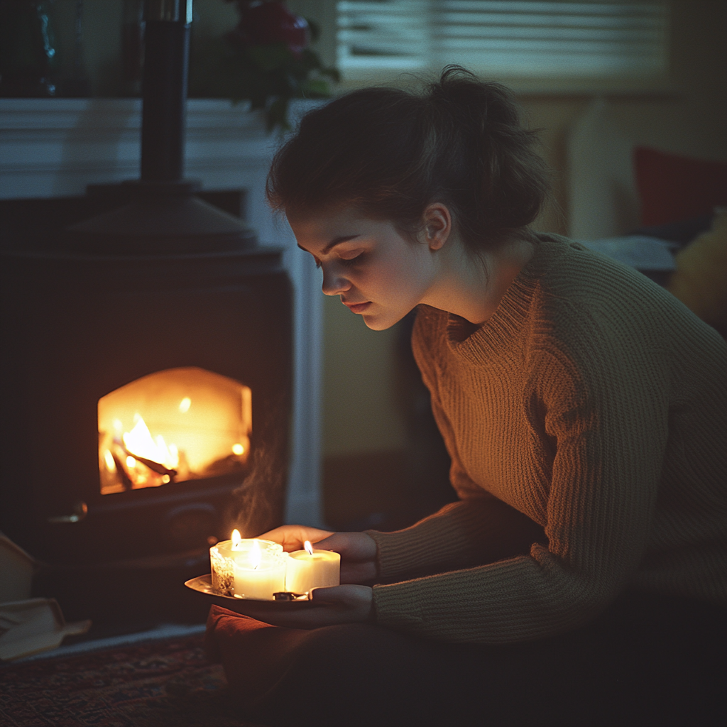 A woman lighting candles in her home | Source: Midjourney