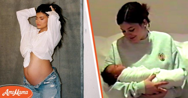 Kylie Jenner showing off her baby bump in a recent photo on Instagram [Left] Jenner holding Stormi as a newborn, 2018. | Photo: Instagram/kyliejenner & YouTube/Kylie Jenner