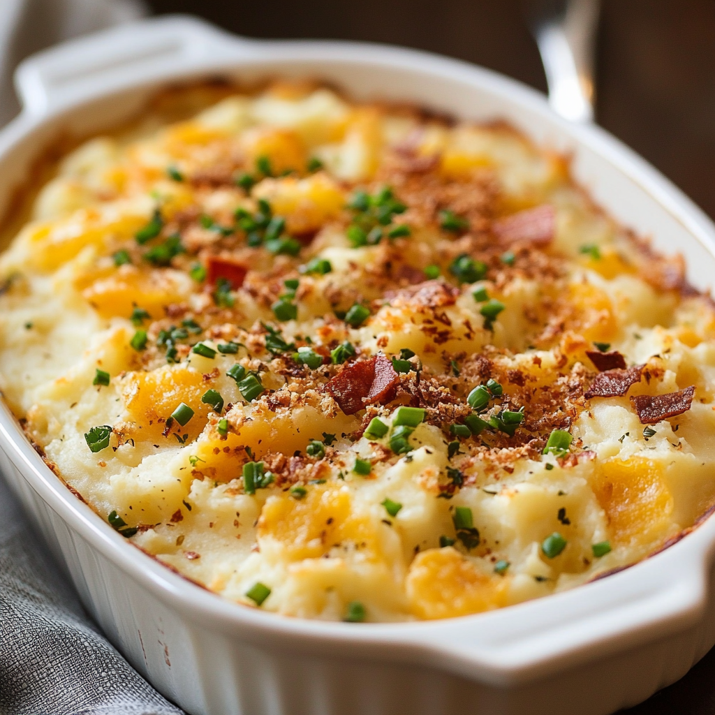 A casserole of mashed potatoes | Source: Midjourney