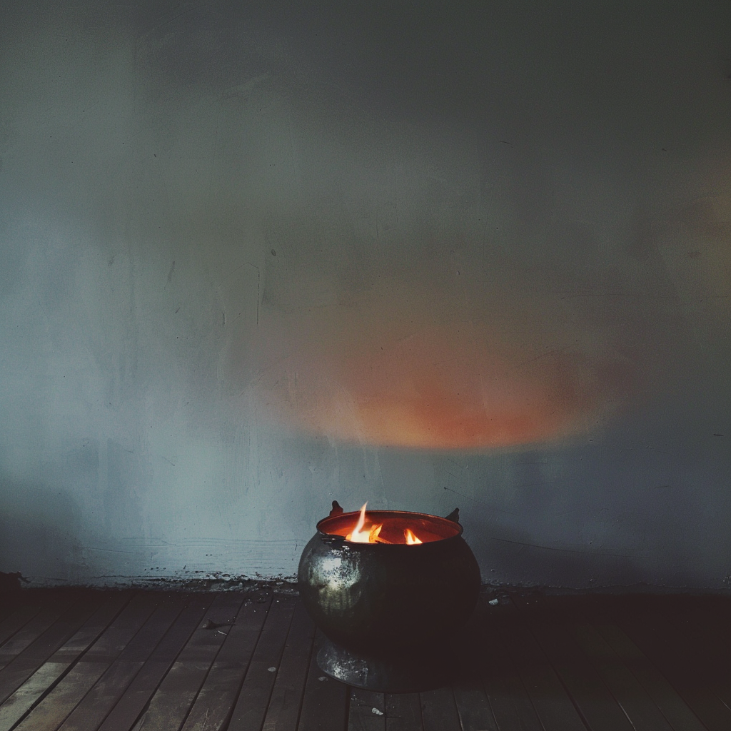 A fire in a coal pot in a living room | Source: Midjourney