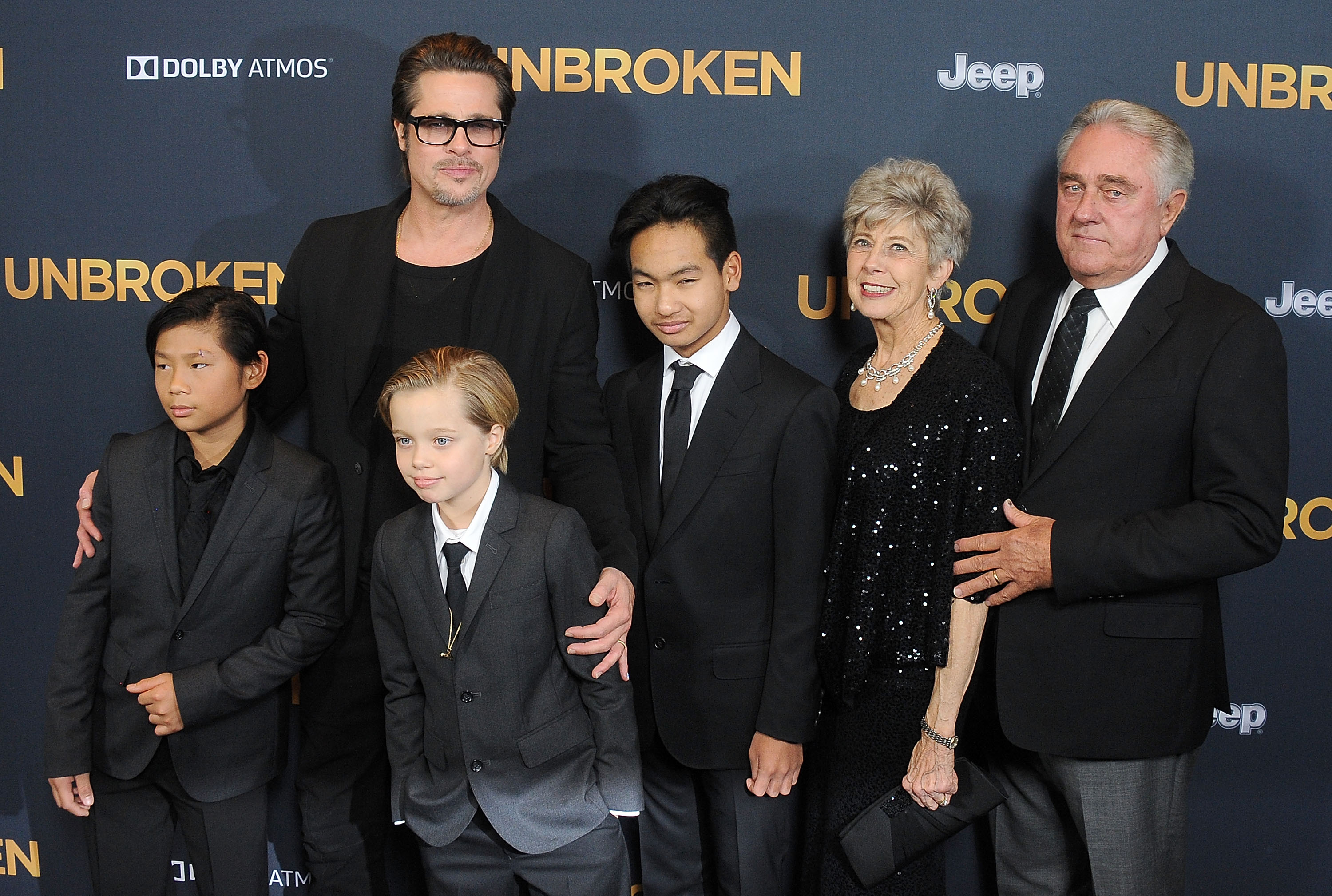 Brad Pitt (C), (L-R) Pax Thien Jolie-Pitt, Shiloh Nouvel Jolie-Pitt, Maddox Jolie-Pitt, Jane Pitt, and William Pitt attend the premiere of "Unbroken" at TCL Chinese Theatre IMAX on December 15, 2014, in Hollywood, California. | Source: Getty Images