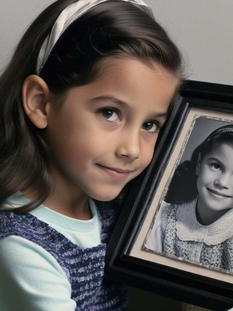 A young girl holding a framed photograph | Source: Midjourney