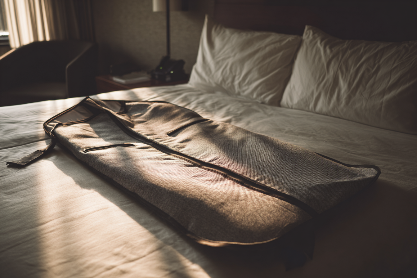 A garment bag on a bed | Source: Midjourney