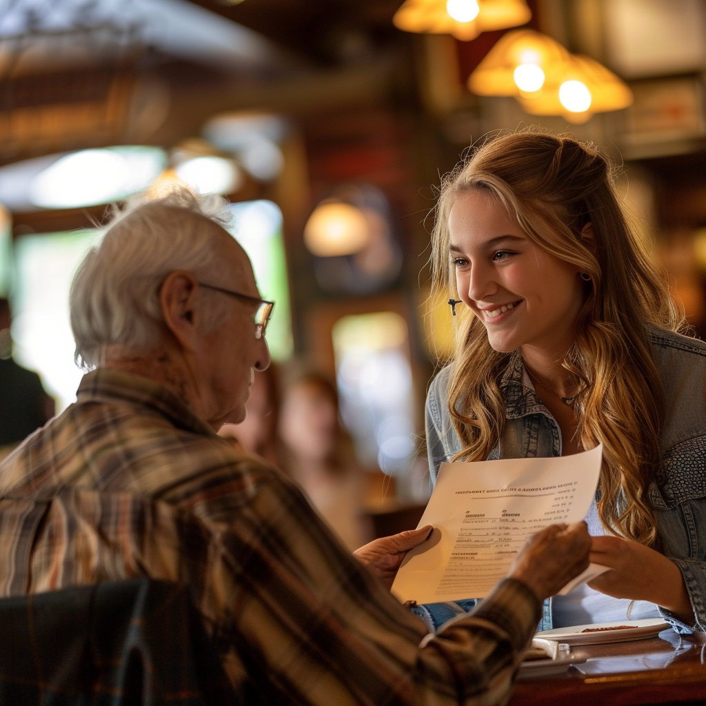 The girl handing her Grandpa the bill | Source: Midjourney