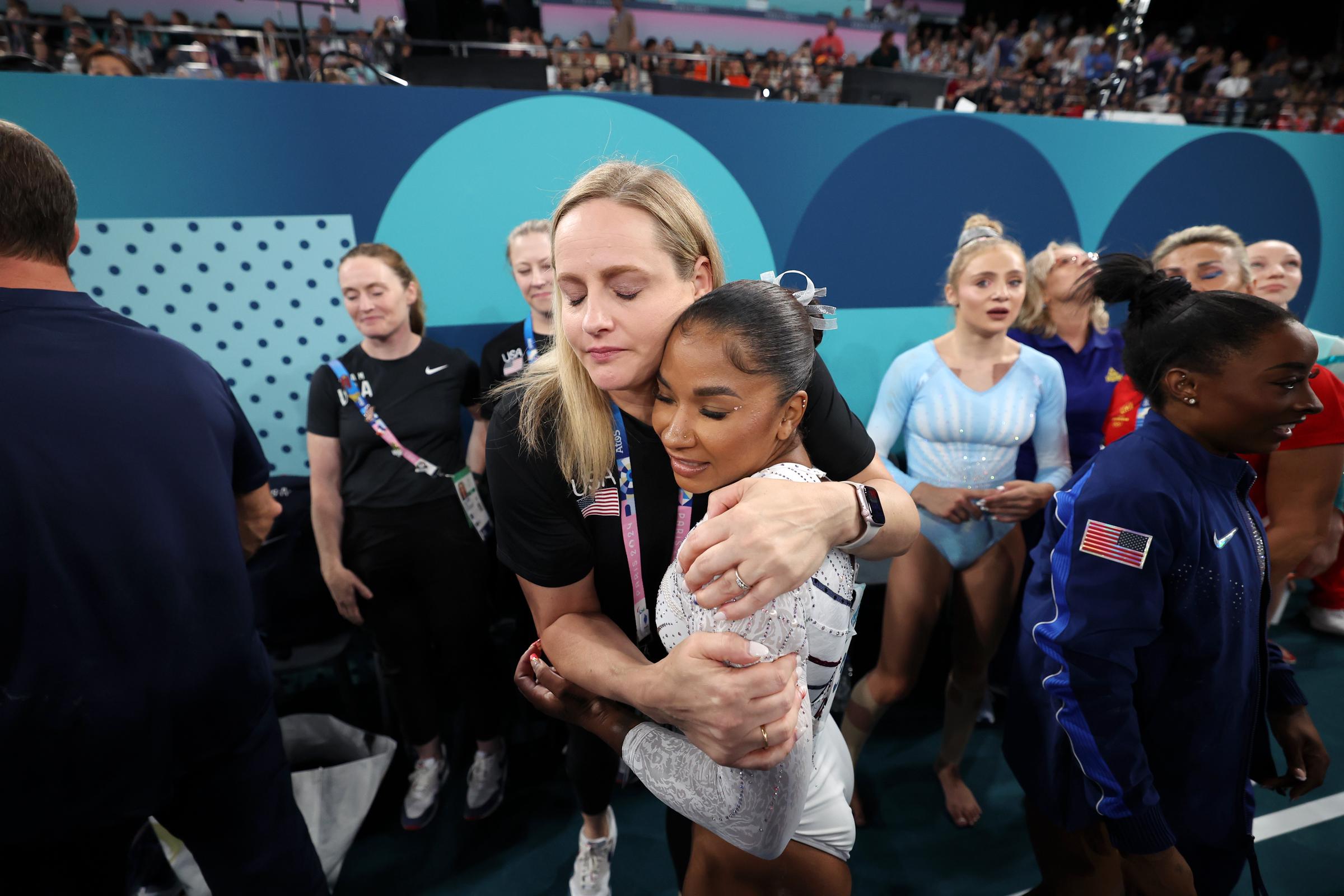 Jordan Chiles and her coach, Cecile Landi, reacting after the apparatus floor final on day ten of the Olympic Games Paris 2024 at Bercy Arena on August 05, 2024 in Paris, France | Source: Getty Images