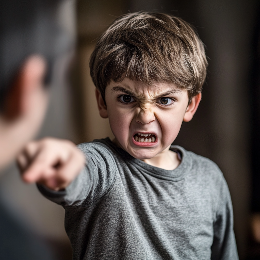 An angry boy pointing at his father | Source: Midjourney