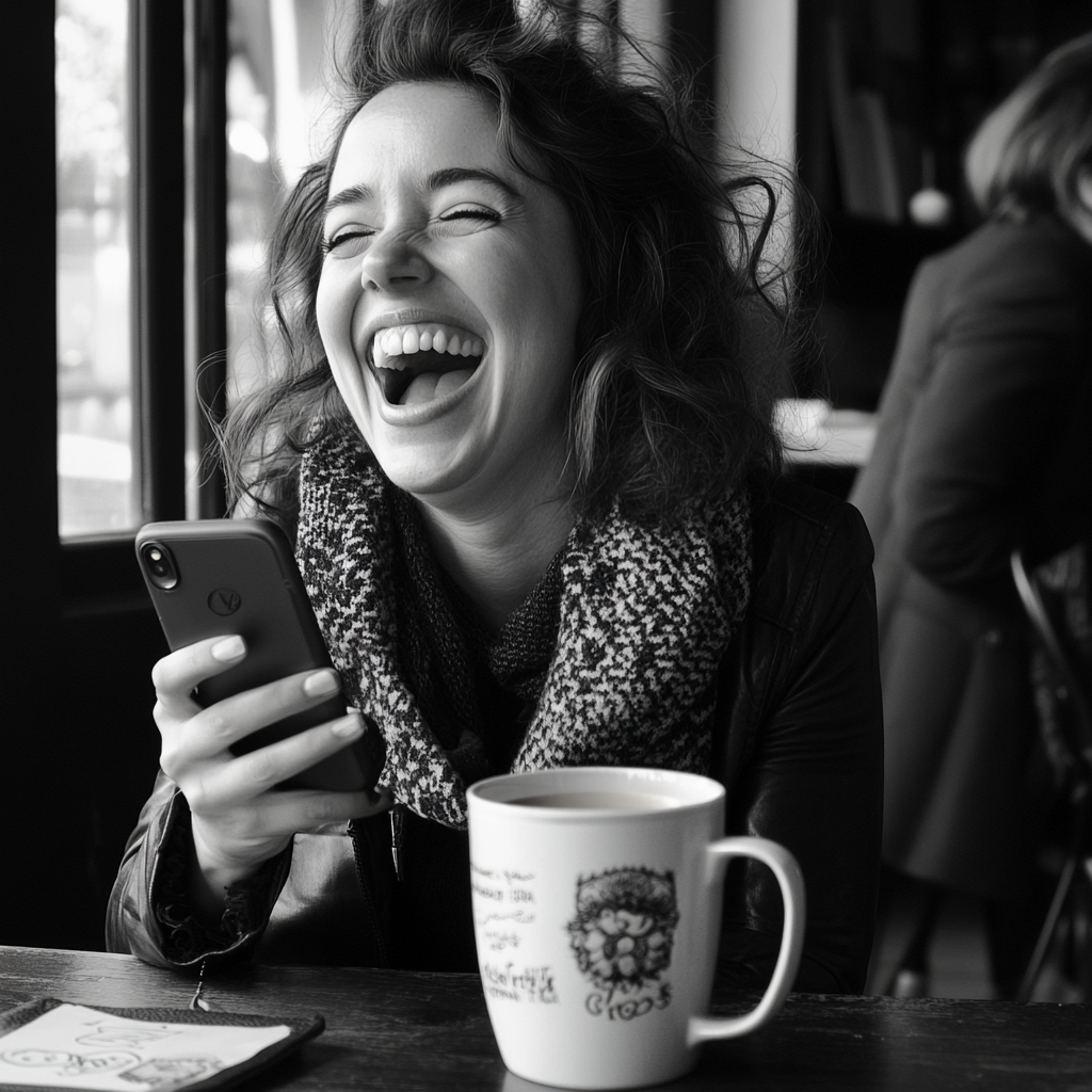 A woman holding her phone and laughing | Source: Midjourney