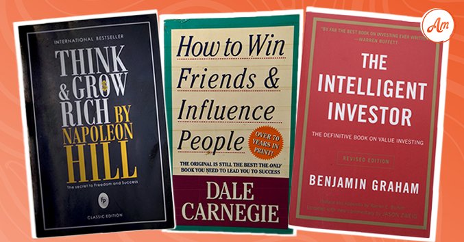 "Think & Grow Rich" by Napoleon Hill [left], "How to Win Friends and Influence People" by Dale Carnegie [center], and "The Intelligent Investor" by Benjamin Graham [right] | Source: Shutterstock