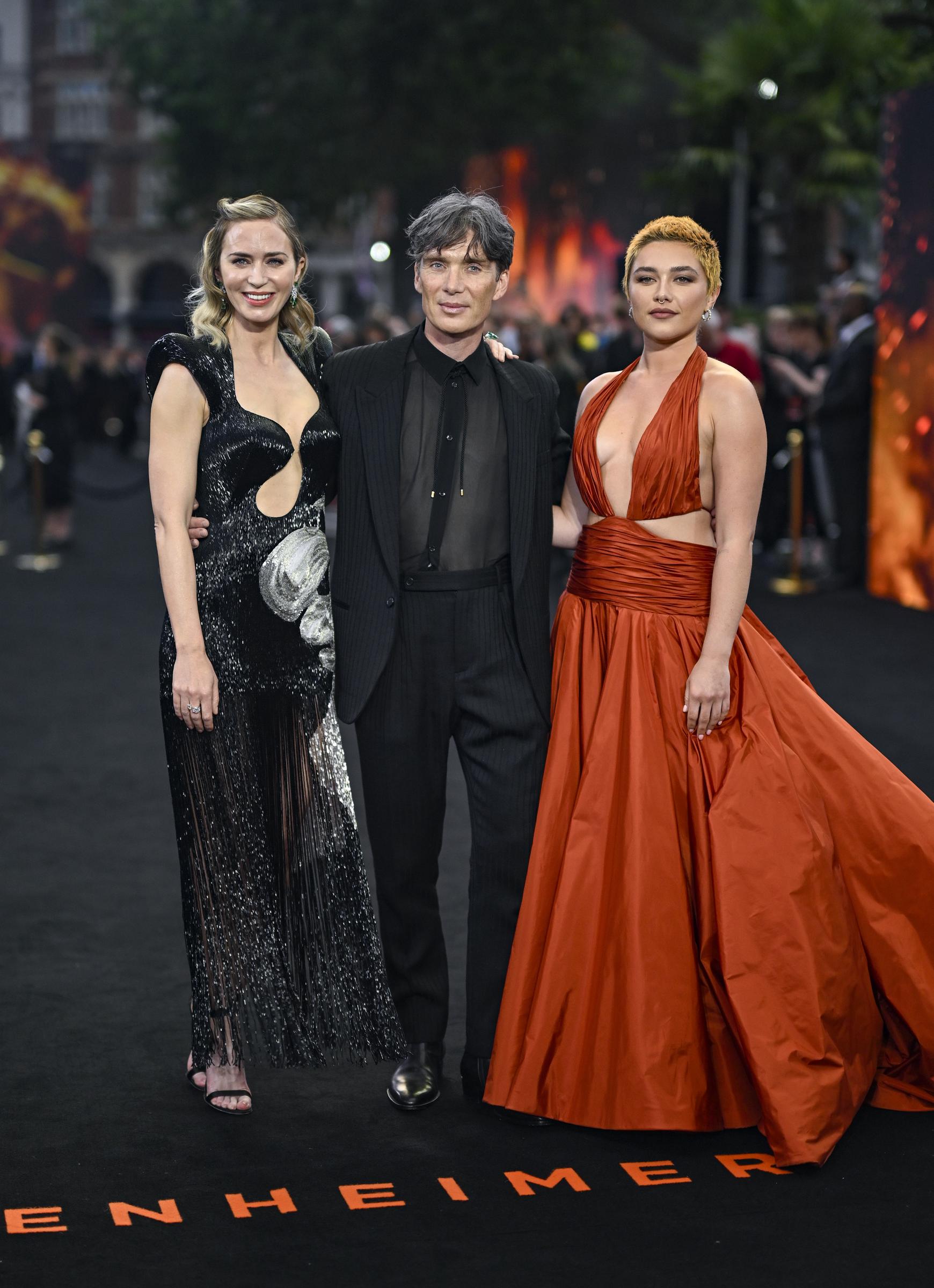 Emily Blunt, Cillian Murphy, and Florence Pugh at the "Oppenheimer" UK premiere on July 13, 2023, in London, England. | Source: Getty Images