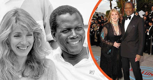 Sidney Poitier (R) and his wife Joanna Shimkus during the Monte-Carlo ATP Masters Series Tournament tennis match on June 25, 1983 [left]. Joanna Shimkus and Sidney Poitier attend the 2004 Vanity Fair Oscar Party at Mortons on February 29, 2004 [right]. | Photo: Getty Images