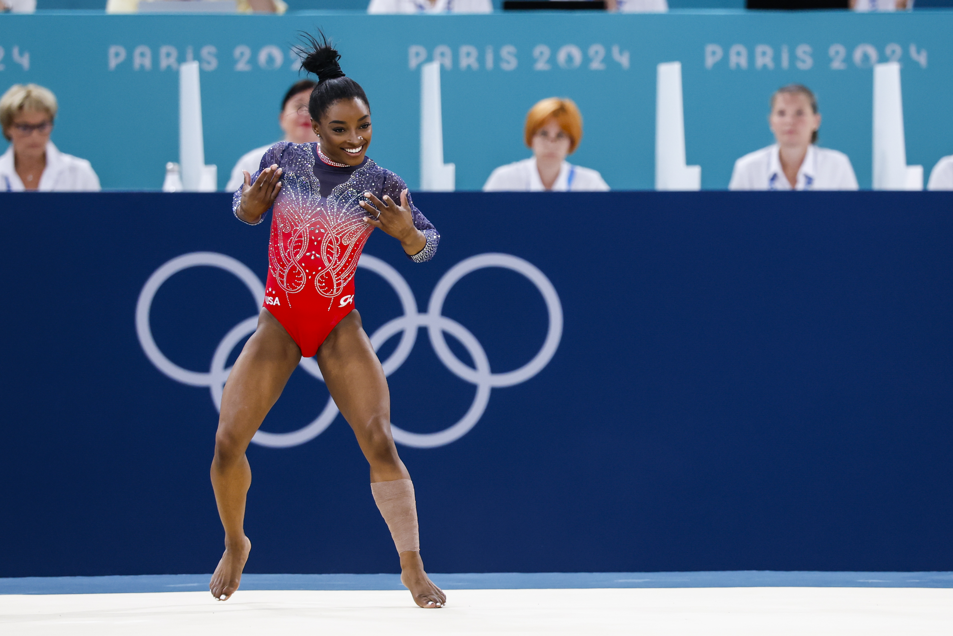 Simone Biles of United States competes during Women's Floor Exercise Final of the Artistic Gymnastics on Bercy Arena during the Paris 2024 Olympics Games on August 5, 2024 in Paris, France | Source: Getty Images