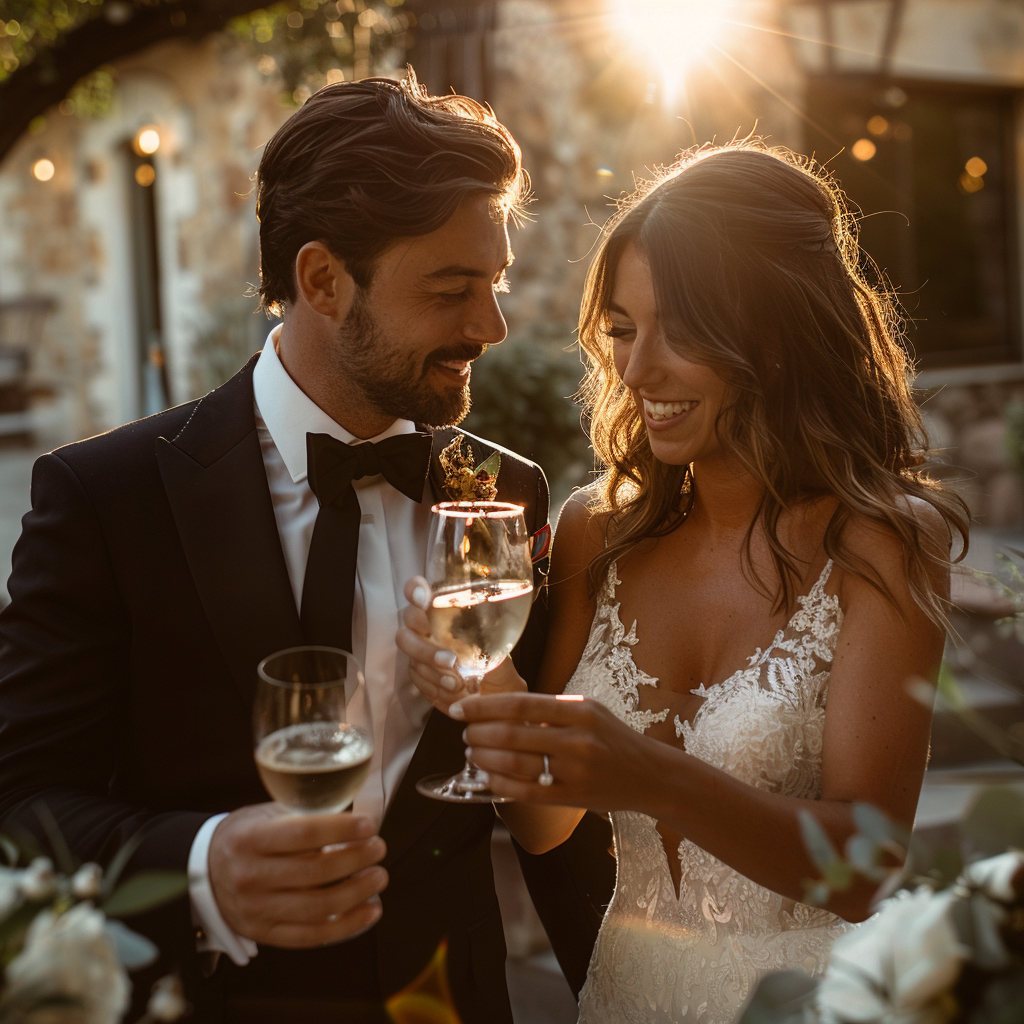 Newlyweds toasting their glasses | Source: Midjourney