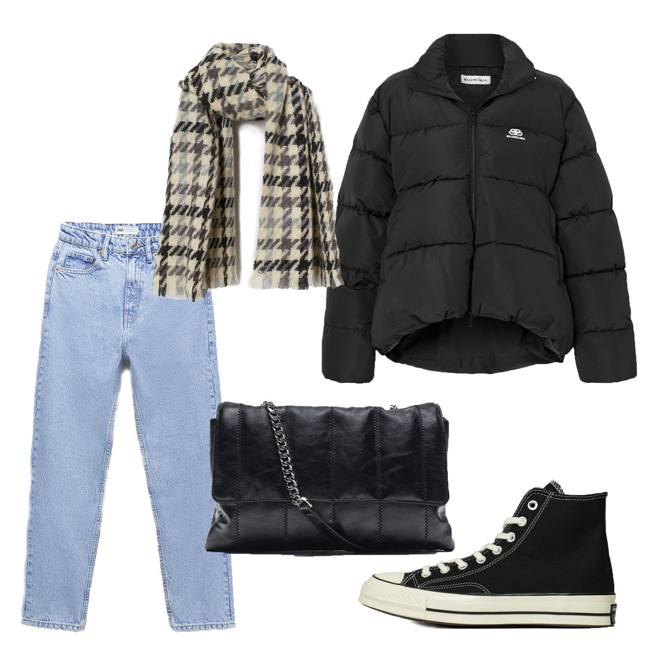 Veste - Balenciaga, Jeans - Zara, Foulard - H&M, Keds - Converse, Sac - Zara. | Photo : zara.com, hm.com, converse.com, mango.com, net-a-porter.com
