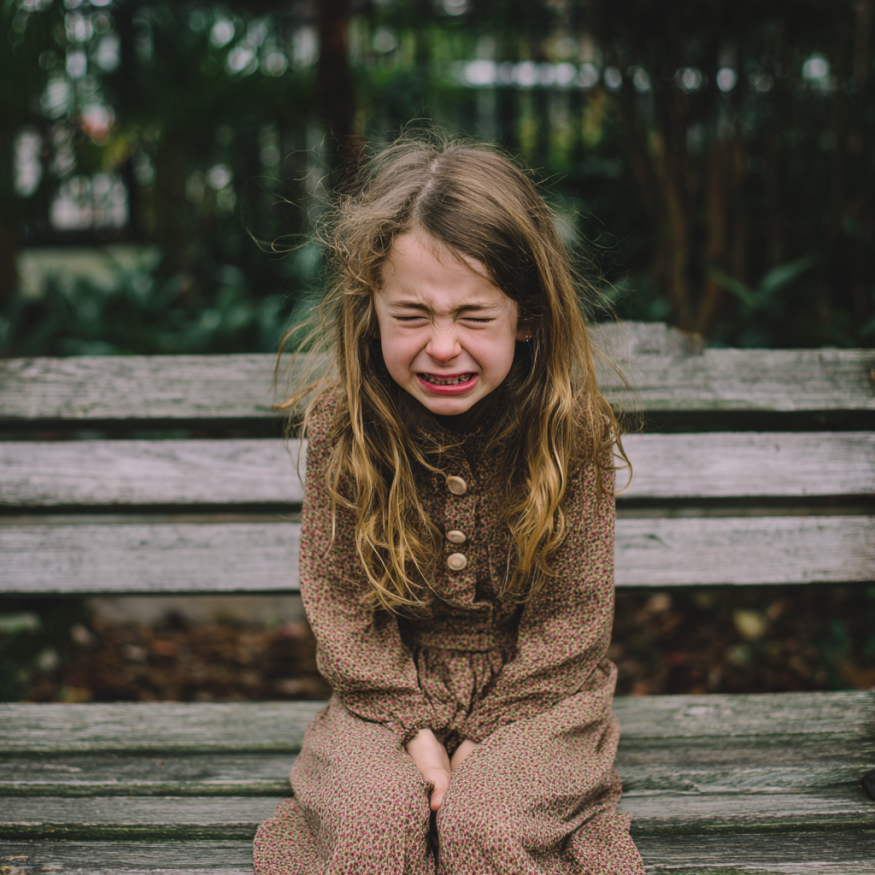 A young girl crying on a park bench | Source: Midjourney