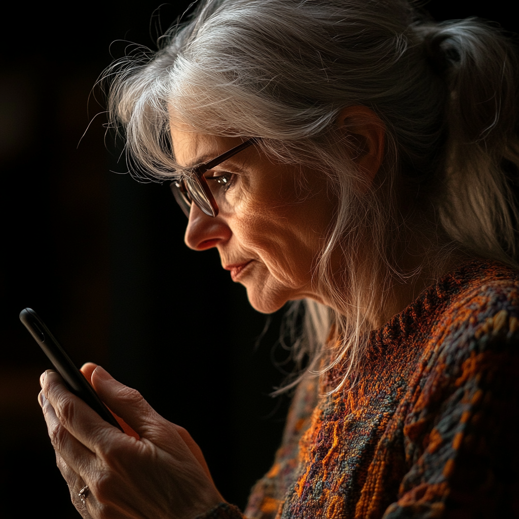 A mature woman plotting something on her phone | Source: Midjourney