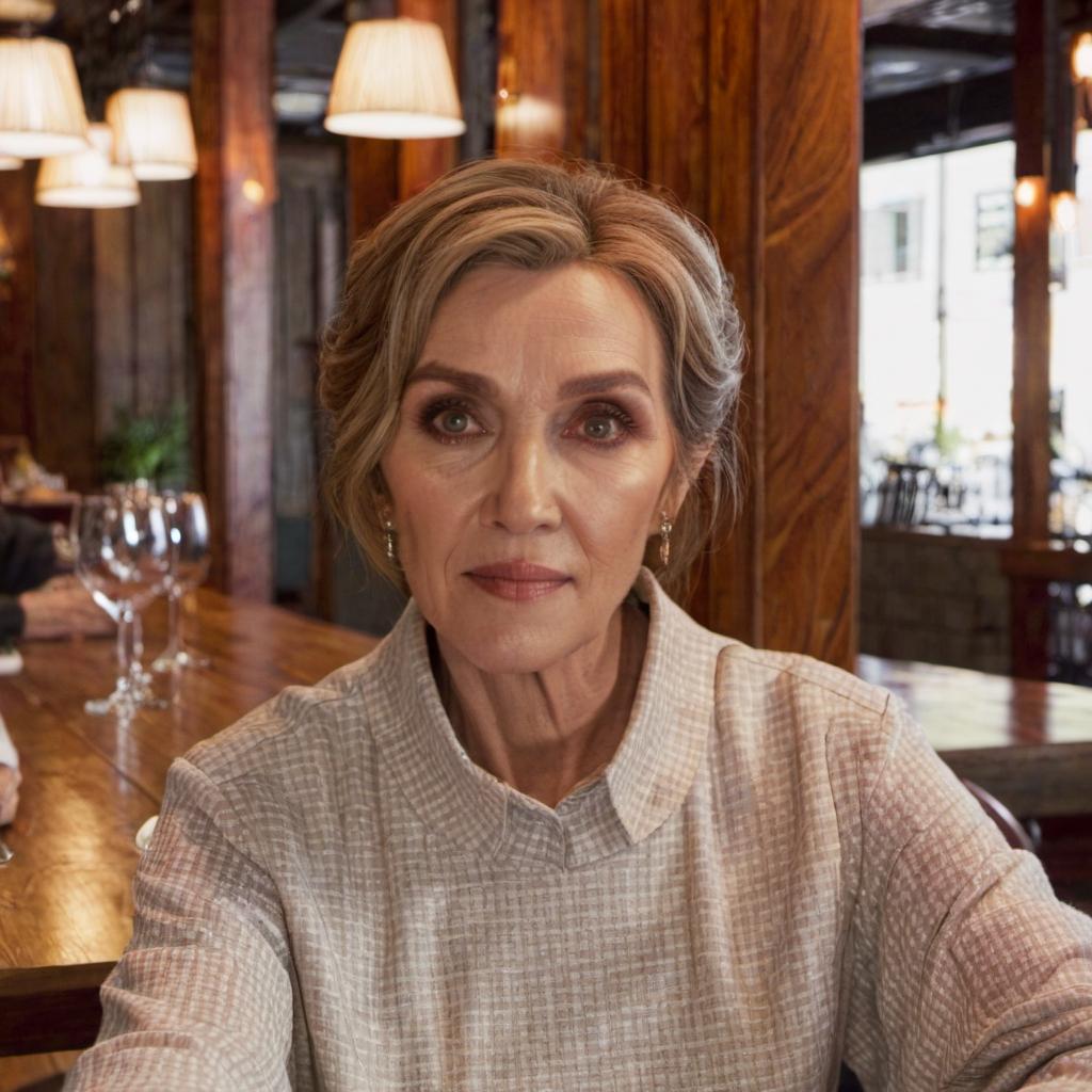 An elderly woman at a restaurant table, smiling contentedly | Source: Pexels