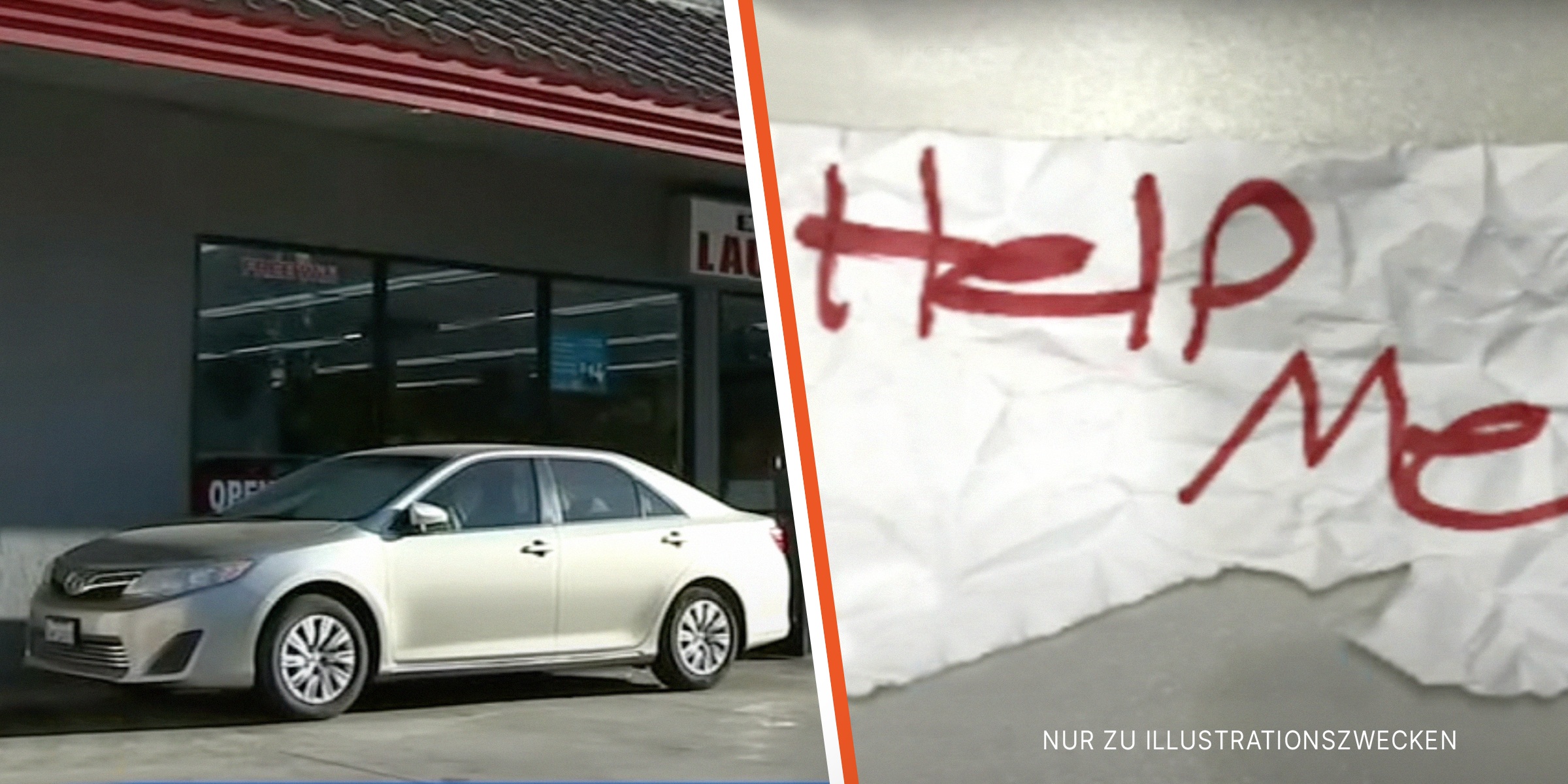 Der graue Nissan Sentra, in dem das Mädchen gefunden wurde. | Ein Foto der "Help Me"-Notiz, die das Mädchen den Leuten gezeigt hat. | Quelle: YouTube/ABC7