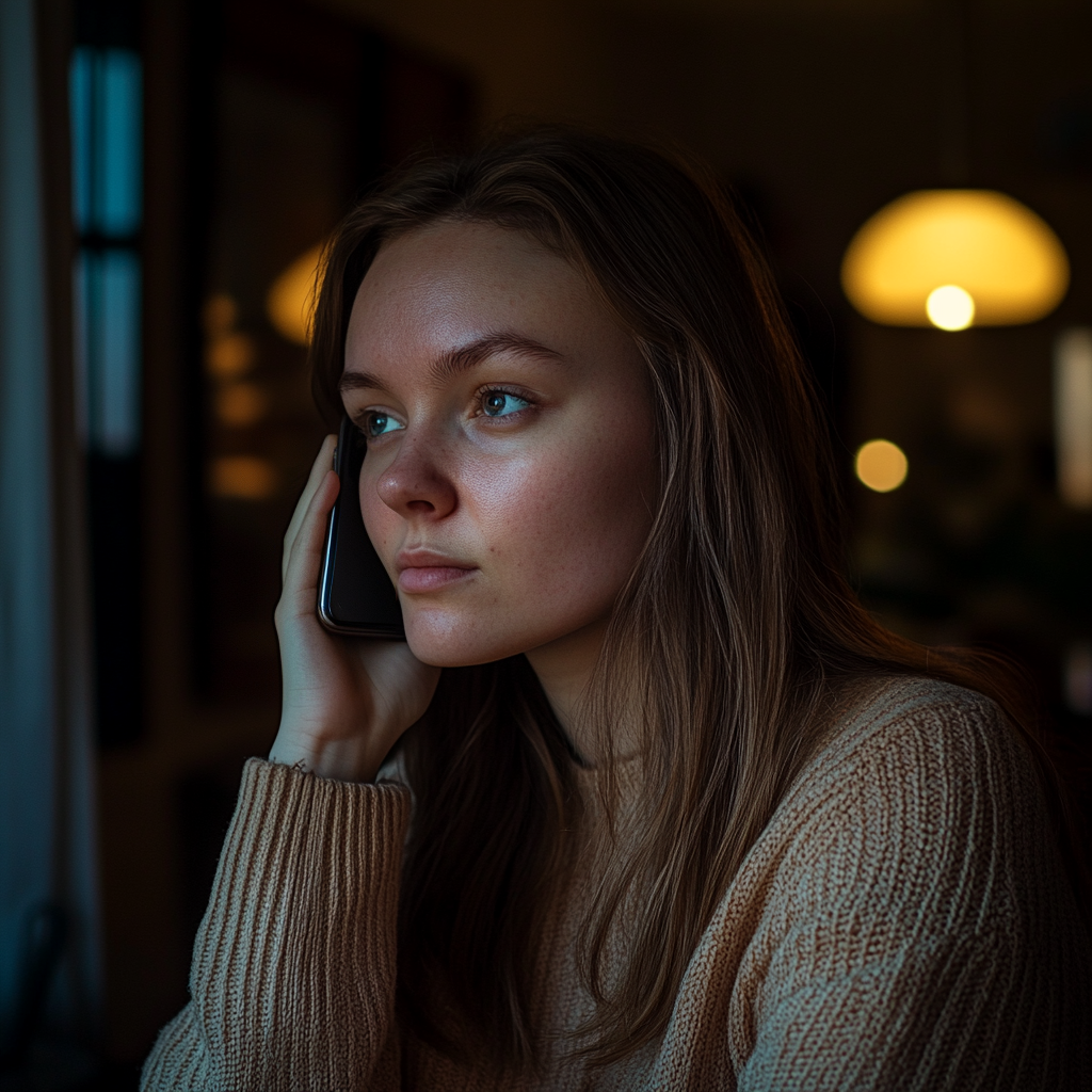 A woman feigns innocence while talking on the phone | Source: Midjourney