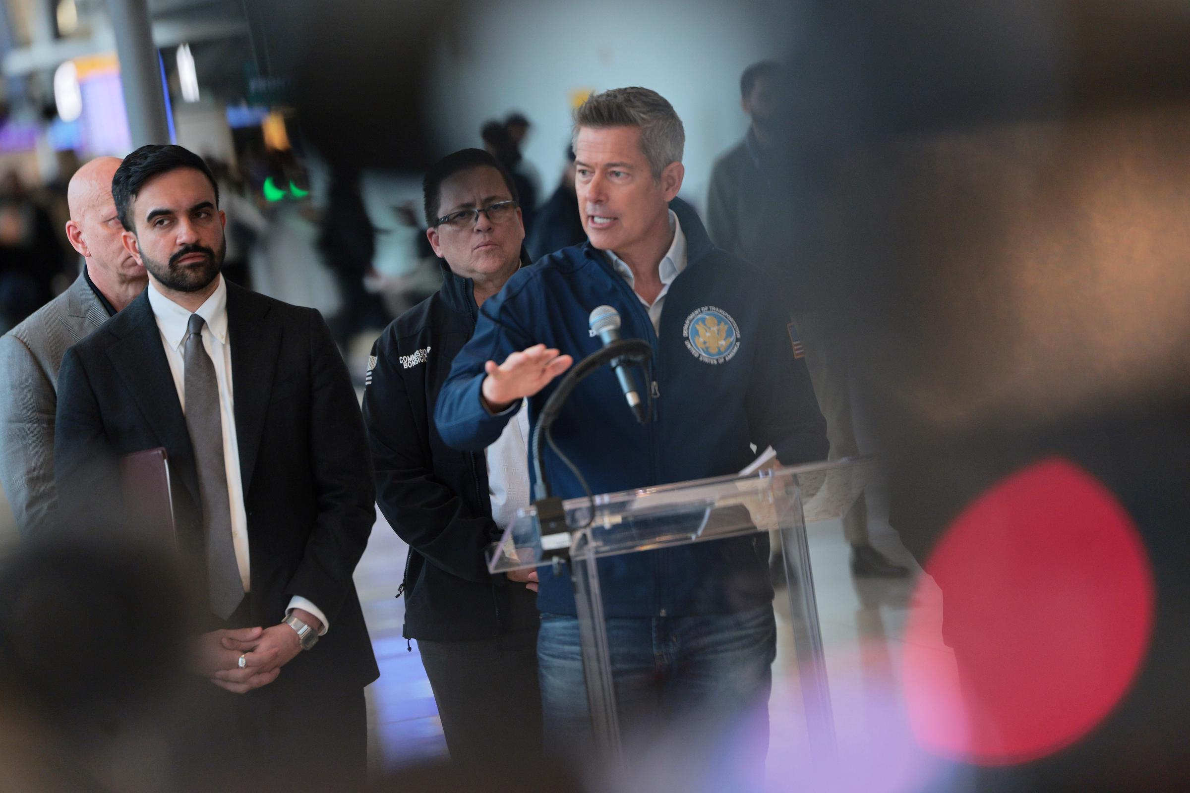 Sean Duffy speaks to reporters at LaGuardia Airport after the runway collision, March 23, 2026 | Source: Getty Images