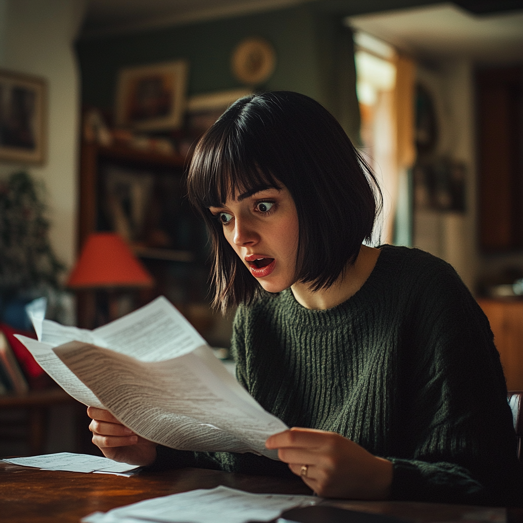 A shocked woman looking at papers | Source: Midjourney