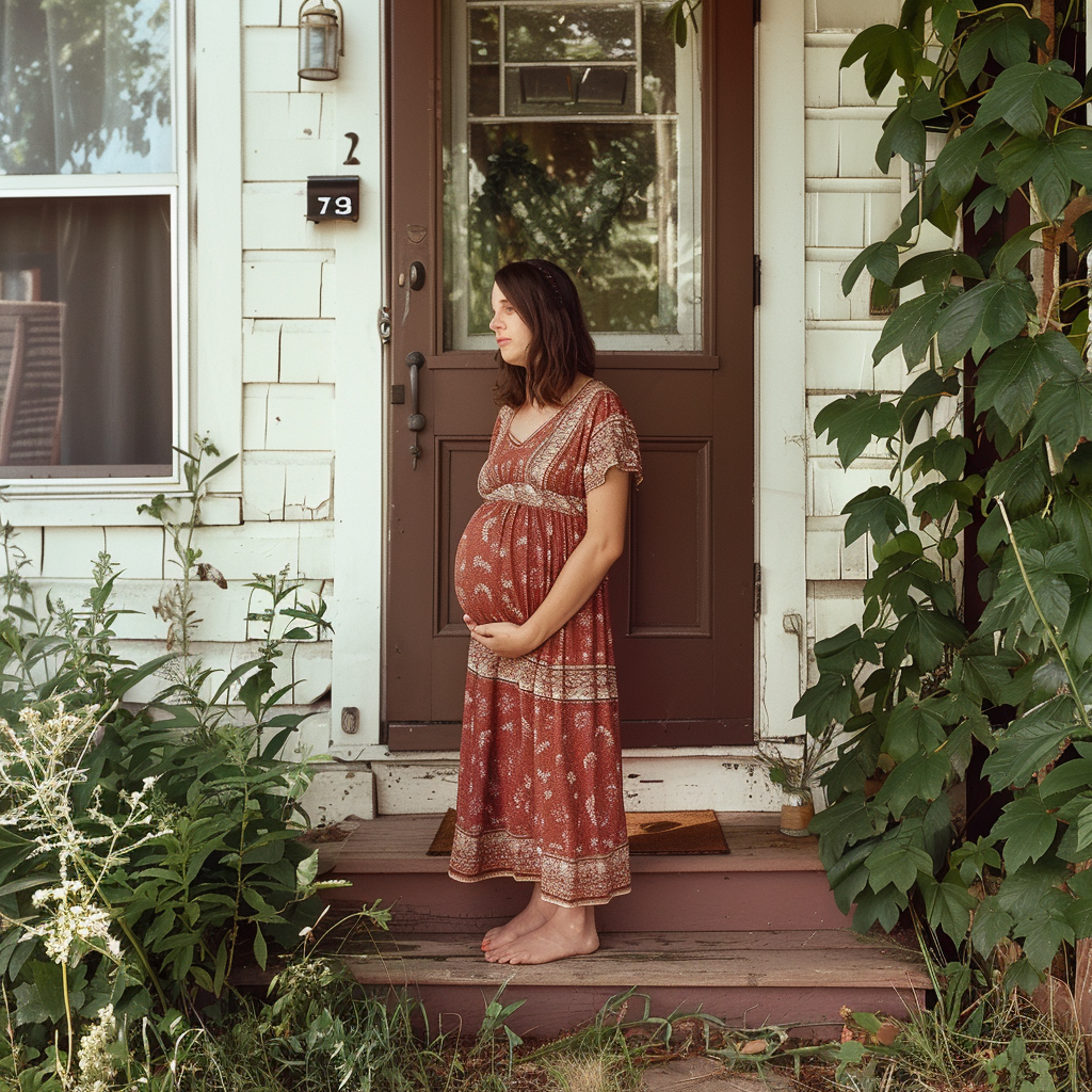 A pregnant woman standing outside her home | Source: Midjourney
