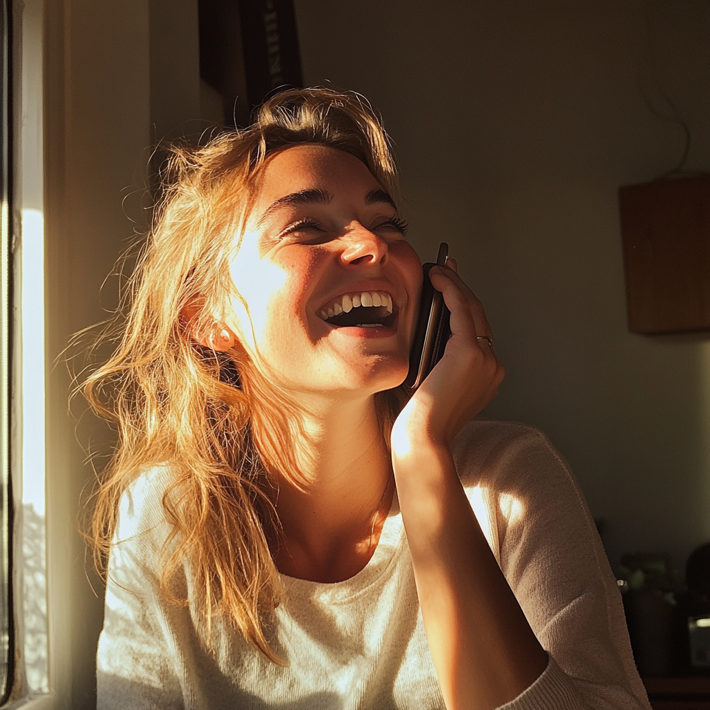 A woman talking on the phone and laughing | Source: Midjourney