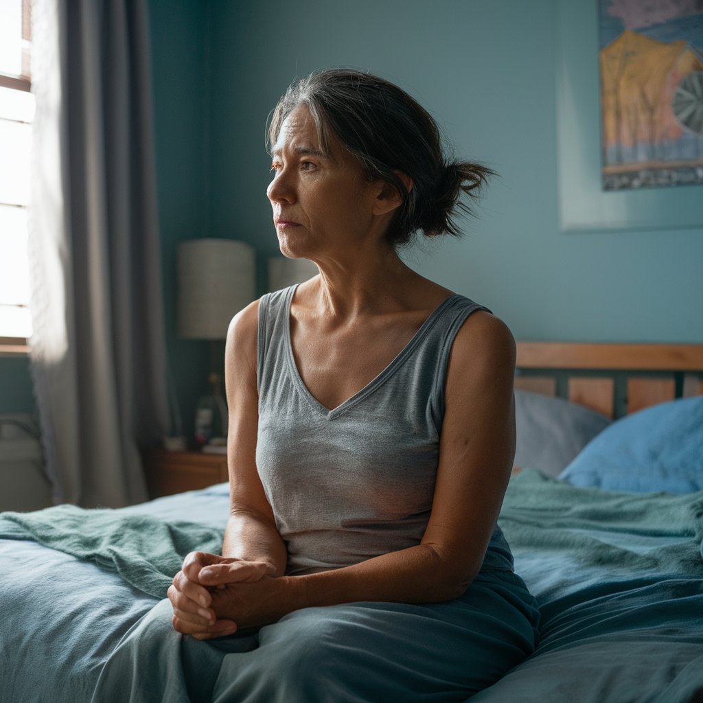 A tired-looking woman sitting up in bed | Source: Midjourney