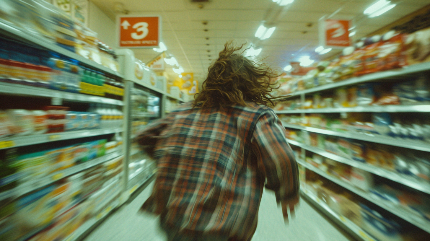 A person running through a grocery store | Source: Midjourney