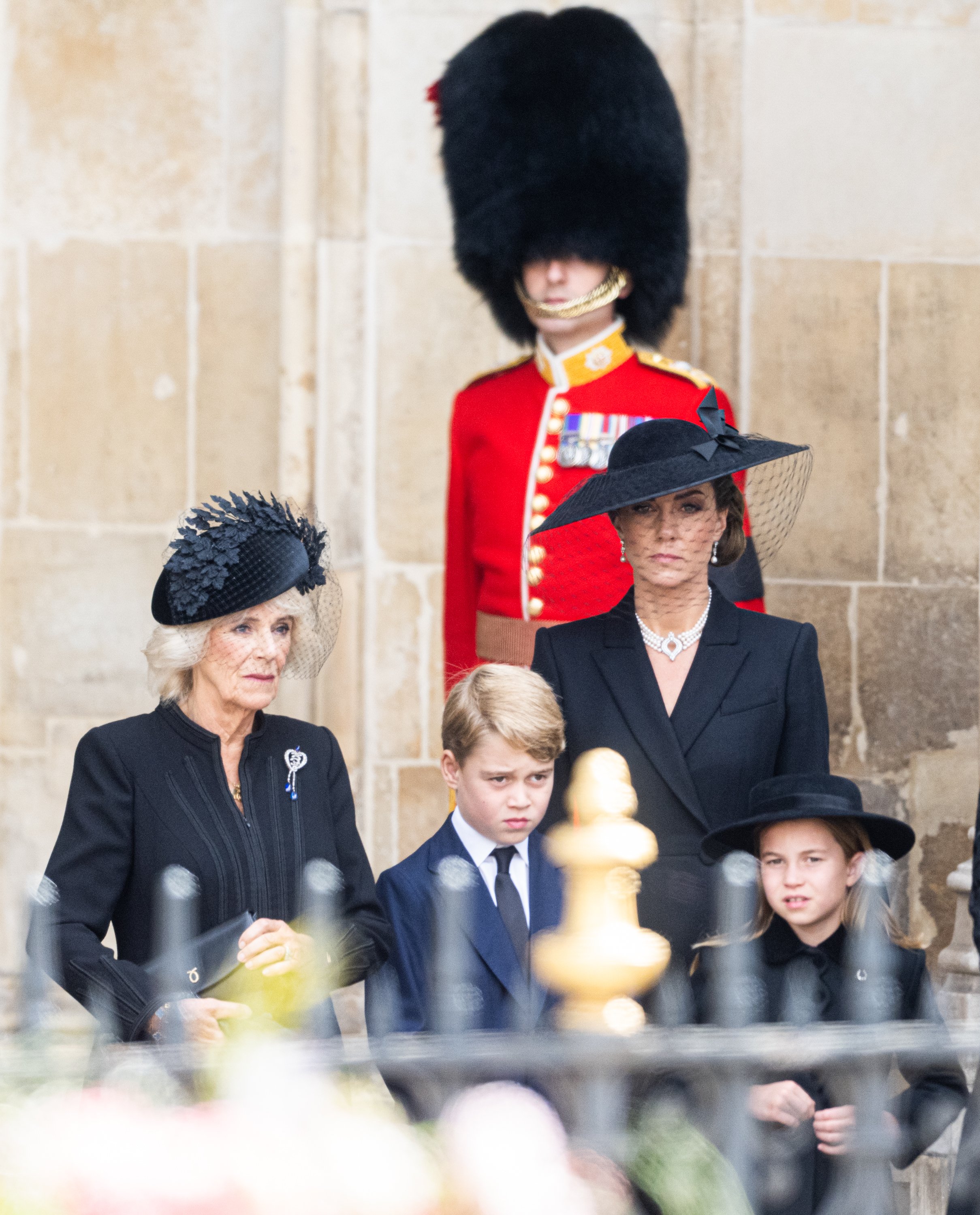 Camilla, Queen Consort, Prince George Catherine, and Princess Charlotte  during the State Funeral of Queen Elizabeth II at Westminster Abbey on September 19, 2022 in London, England | Source: Getty Images
