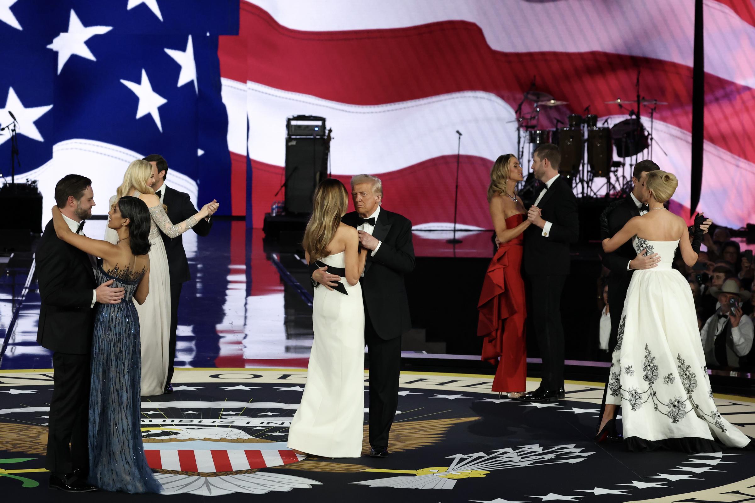 JD Vance, Usha Vance, Tiffany Trump, Michael Boulos, Melania Trump, President Donald Trump, Lara Trump, Eric Trump, Ivanka Trump, and Jared Kushner dance at the Liberty Ball | Source: Getty Images