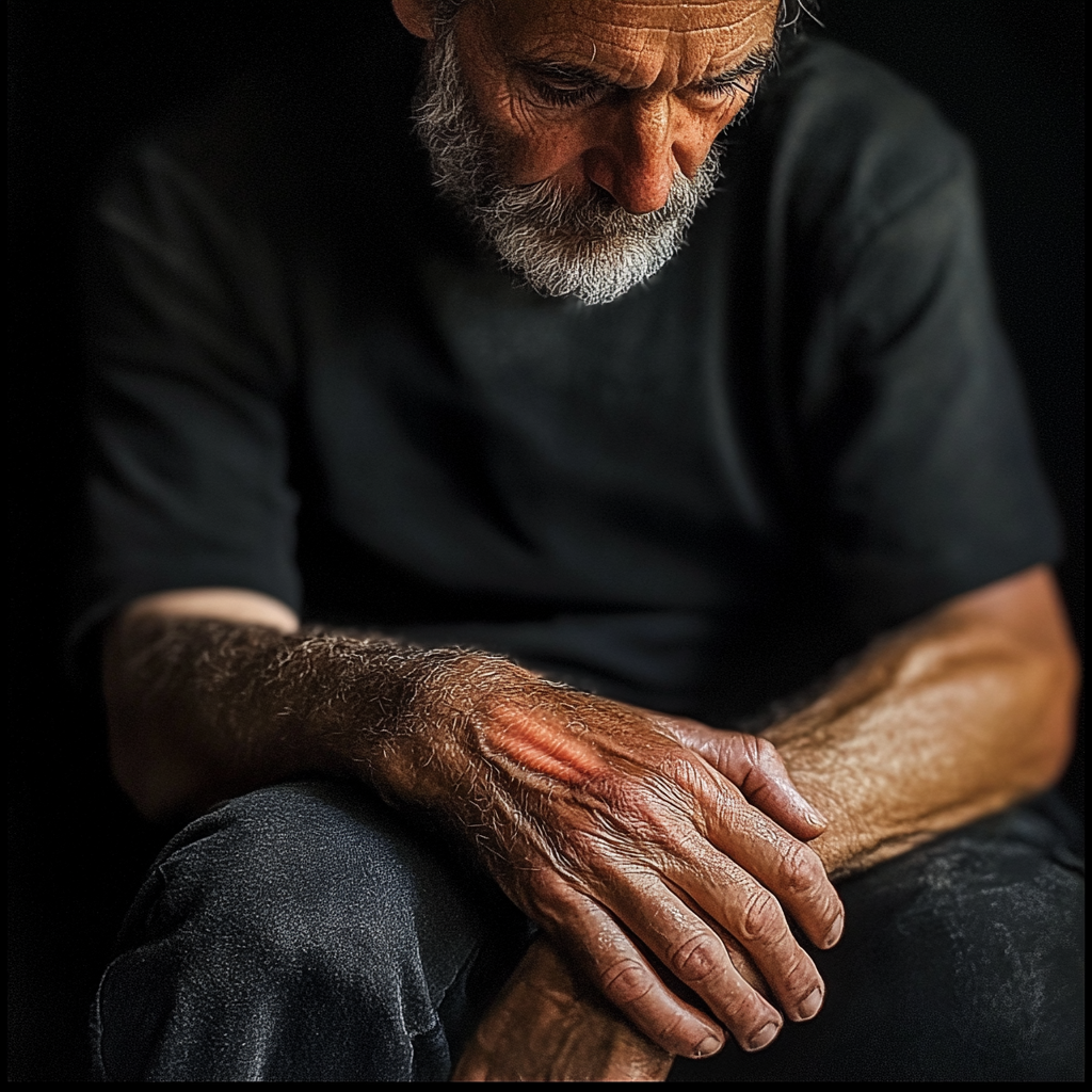 A mature man looking at the scar in his hand | Source: Midjourney