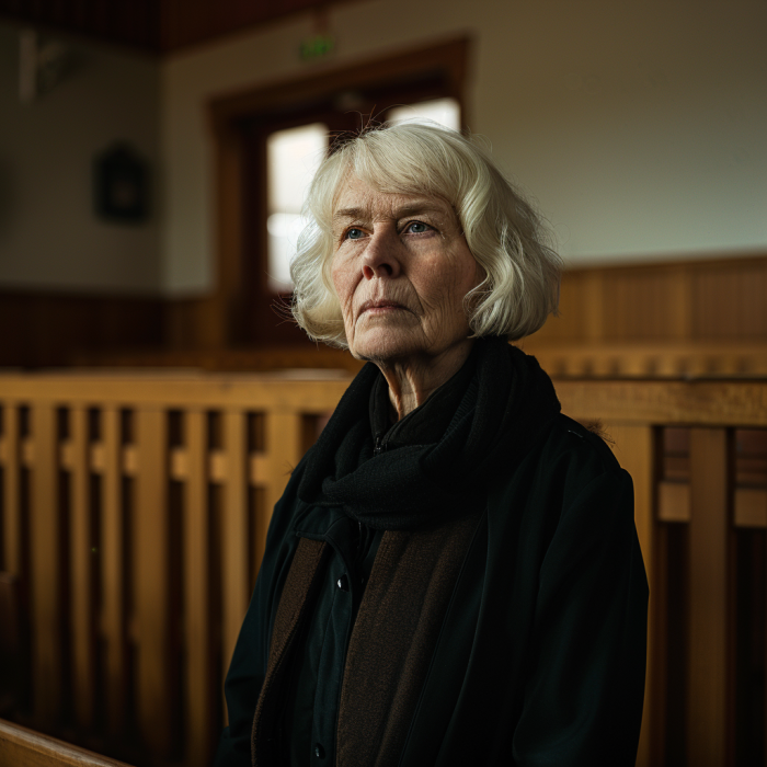 An elderly woman sitting in an empty courtroom | Source: Midjourney