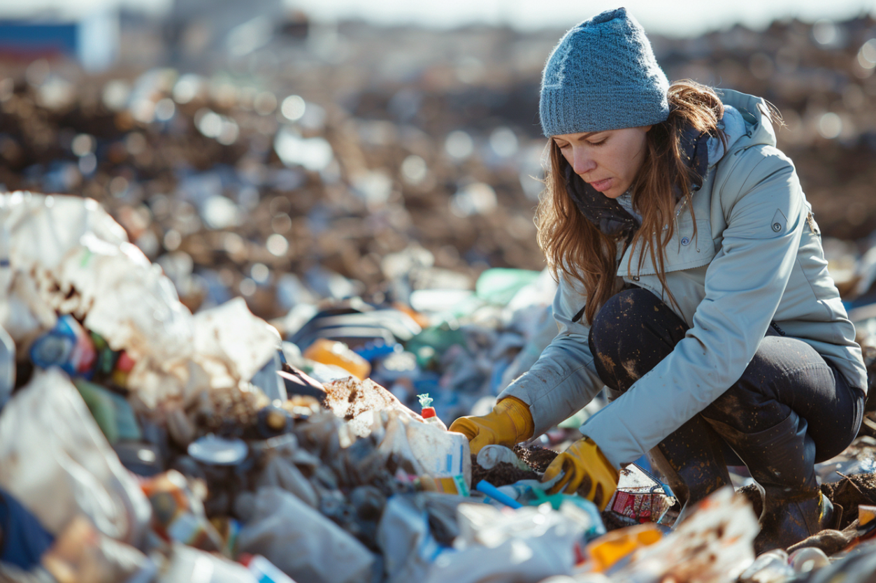 A woman searching through trash in a landfill | Source: MidJourney