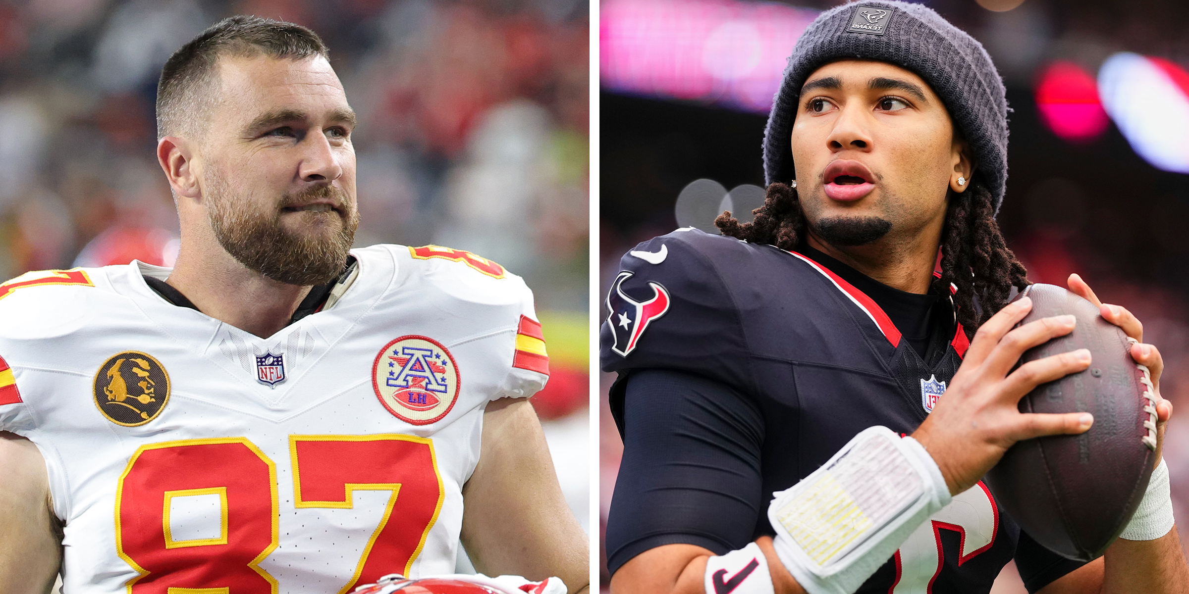 Travis Kelce #87 of the Kansas City Chiefs | C.J. Stroud #7 of the Houston Texans | Source: Getty Images