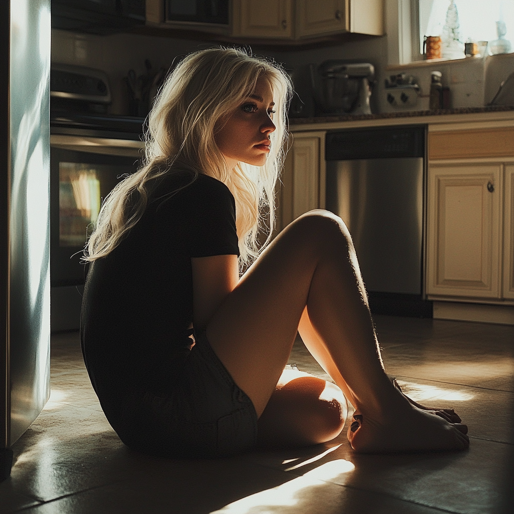 A sad woman seated on the kitchen floor | Source: Midjourney