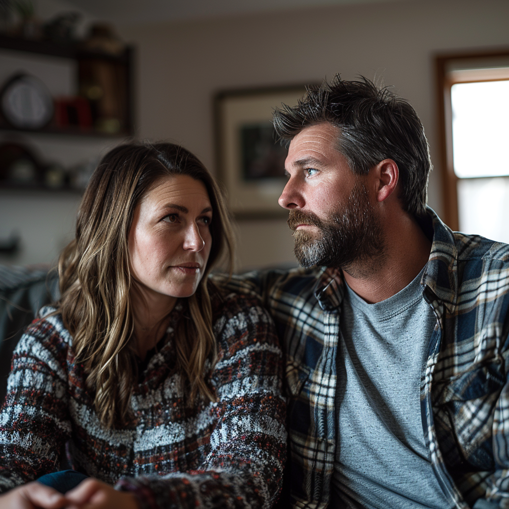 A concerned husband looking at his wife sitting in their living room | Source: Midjourney