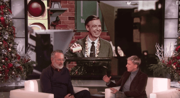 Ellen DeGeneres and Tom Hanks discuss his role as Mr. Rogers in  "A Beautiful Day in the Neighborhood." | Source: YouTube/Daily Mail.