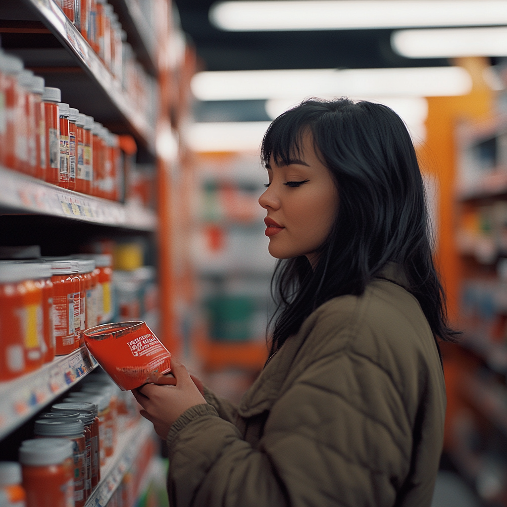 Woman picking up red paint | Source: Midjourney