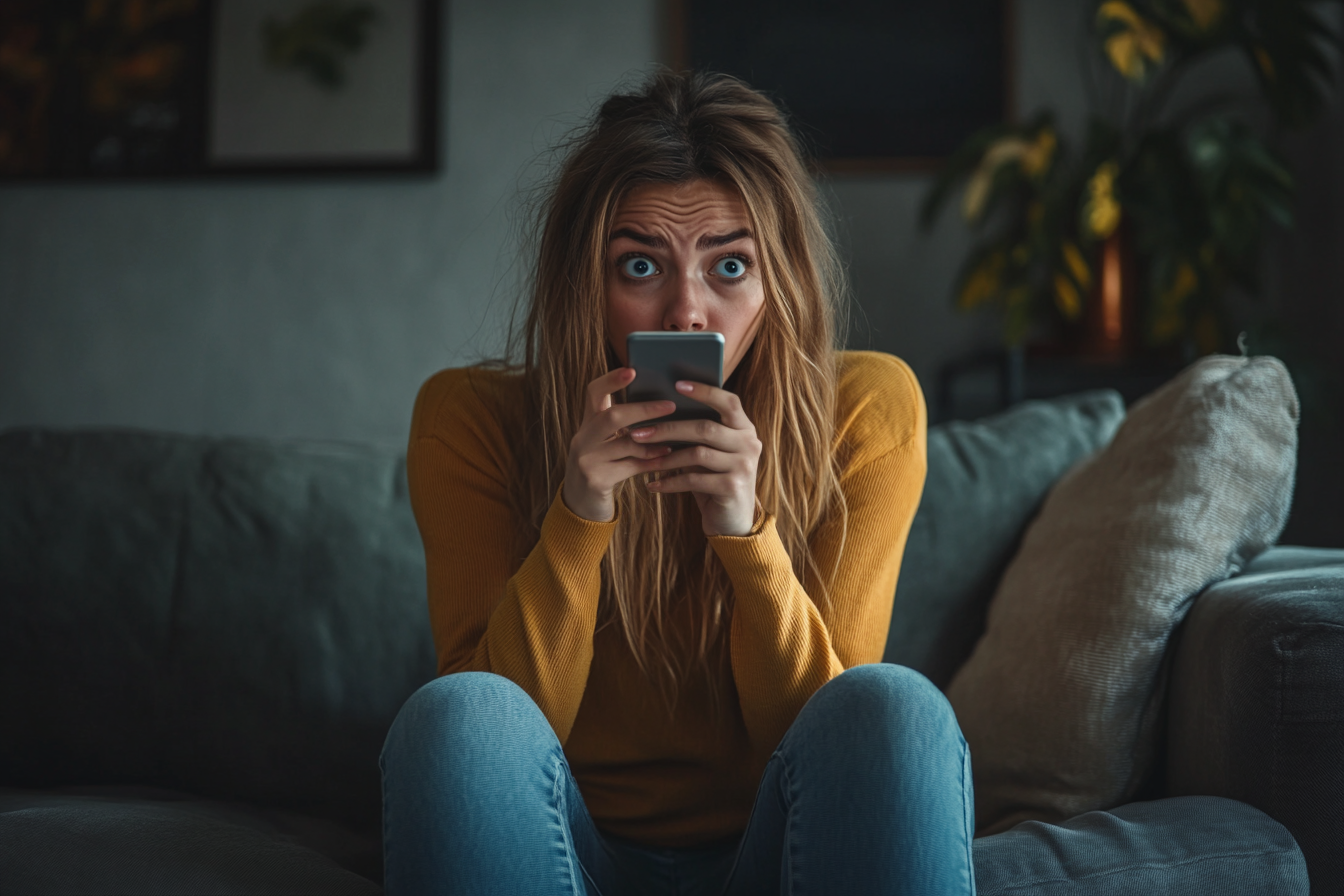 A shocked woman scrolling on her phone | Source: Midjourney