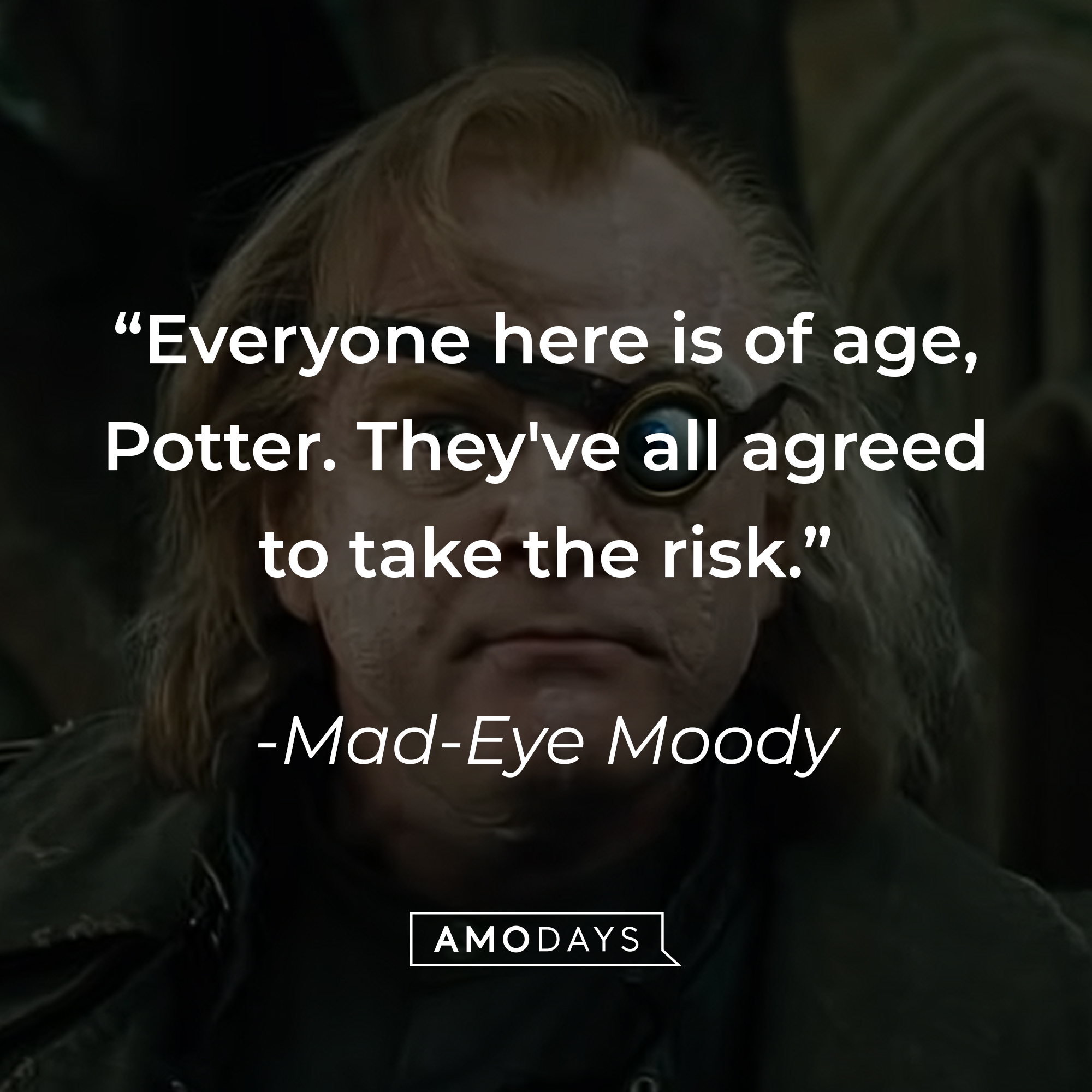 Mad-Eye Moody's quote: "Everyone here is of age, Potter. They've all agreed to take the risk." | Source: youtube.com/harrypotter