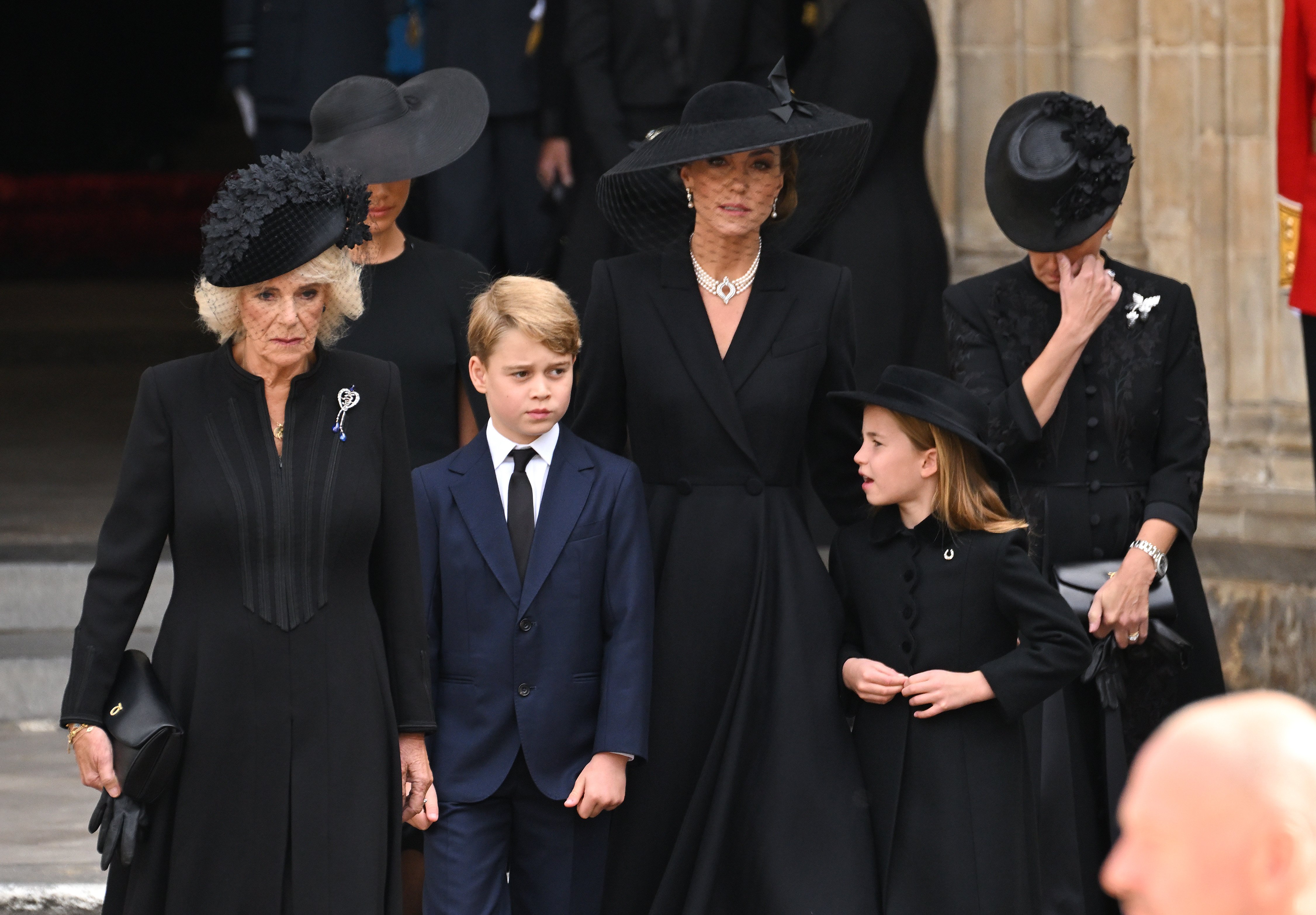 Camilla, Queen Consort, Prince George, Catherine, Princess Charlotte and Sophie, during the State Funeral of Queen Elizabeth II at Westminster Abbey on September 19, 2022 in London, England | Source: Getty Images