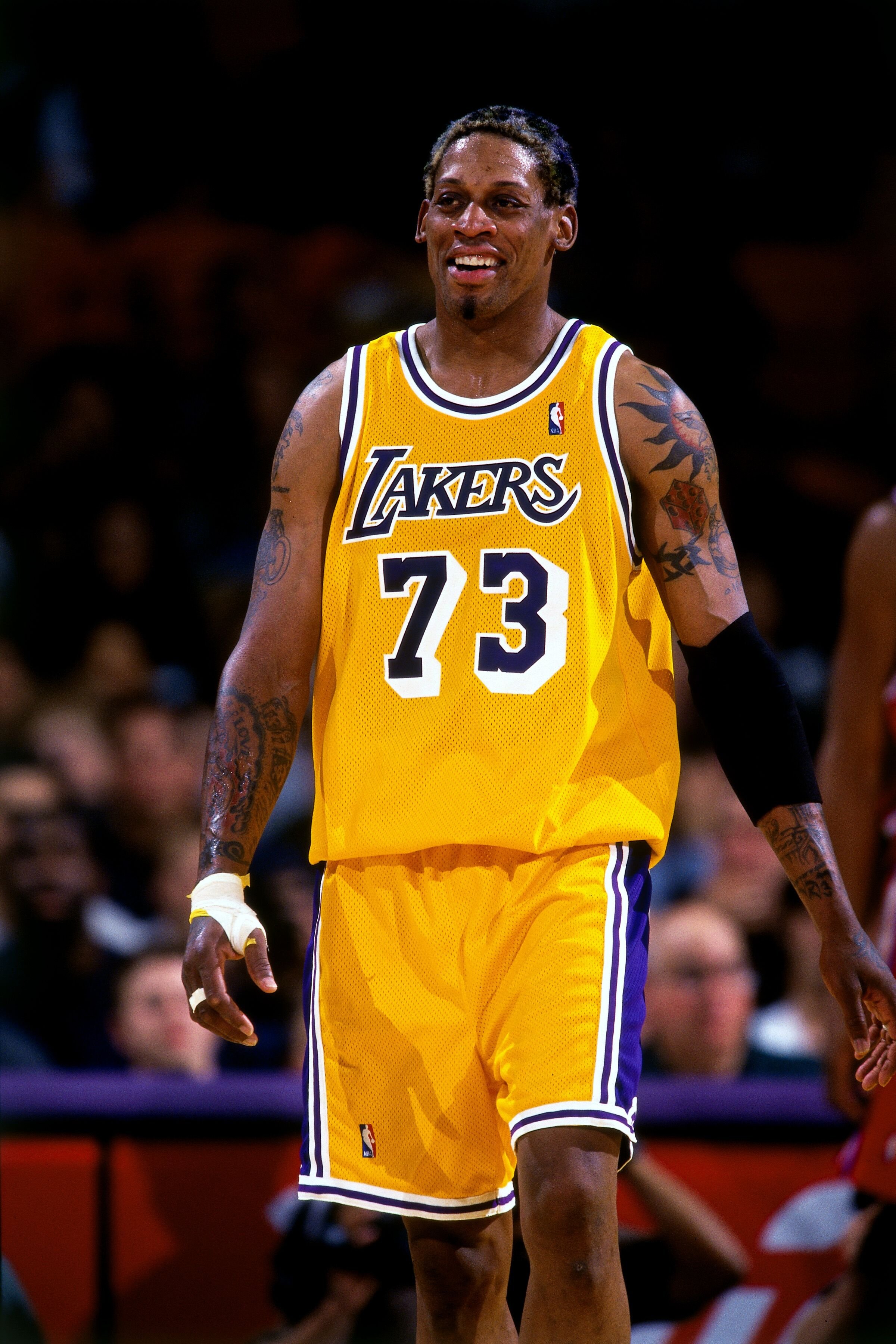 Dennis Rodman of the Los Angeles Lakers reacts to a play during a game in 1999 at Great Western Forum in Los Angeles, California. | Source: Getty Images
