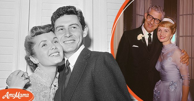 Actress Debbie Reynolds poses with her fiance Eddie Fisher at the cocktail party for their "official" engagement on October 25, 1954 [Left] | Actress Debbie Reynolds and ex Husband Harry Karl on Wedding Day circa 1960. [Right]. | Photo: Getty Images