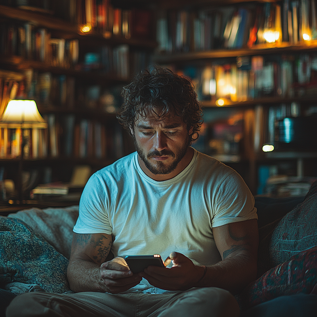 A concerned man looking at his phone | Source: Midjourney