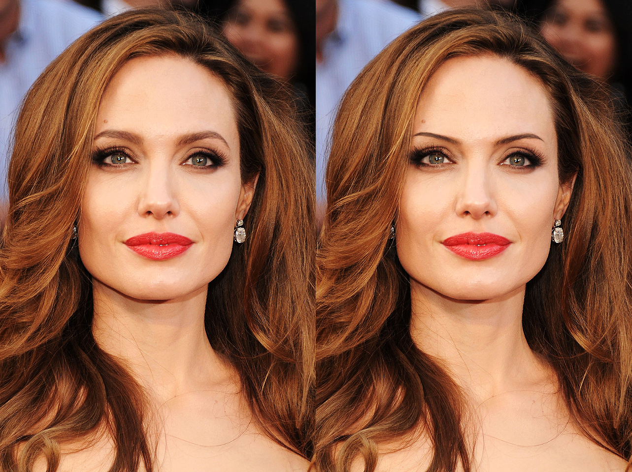 Angelina Jolie's original bold brows from 2012 vs a digitally edited thin-brow look | Source: Getty Images