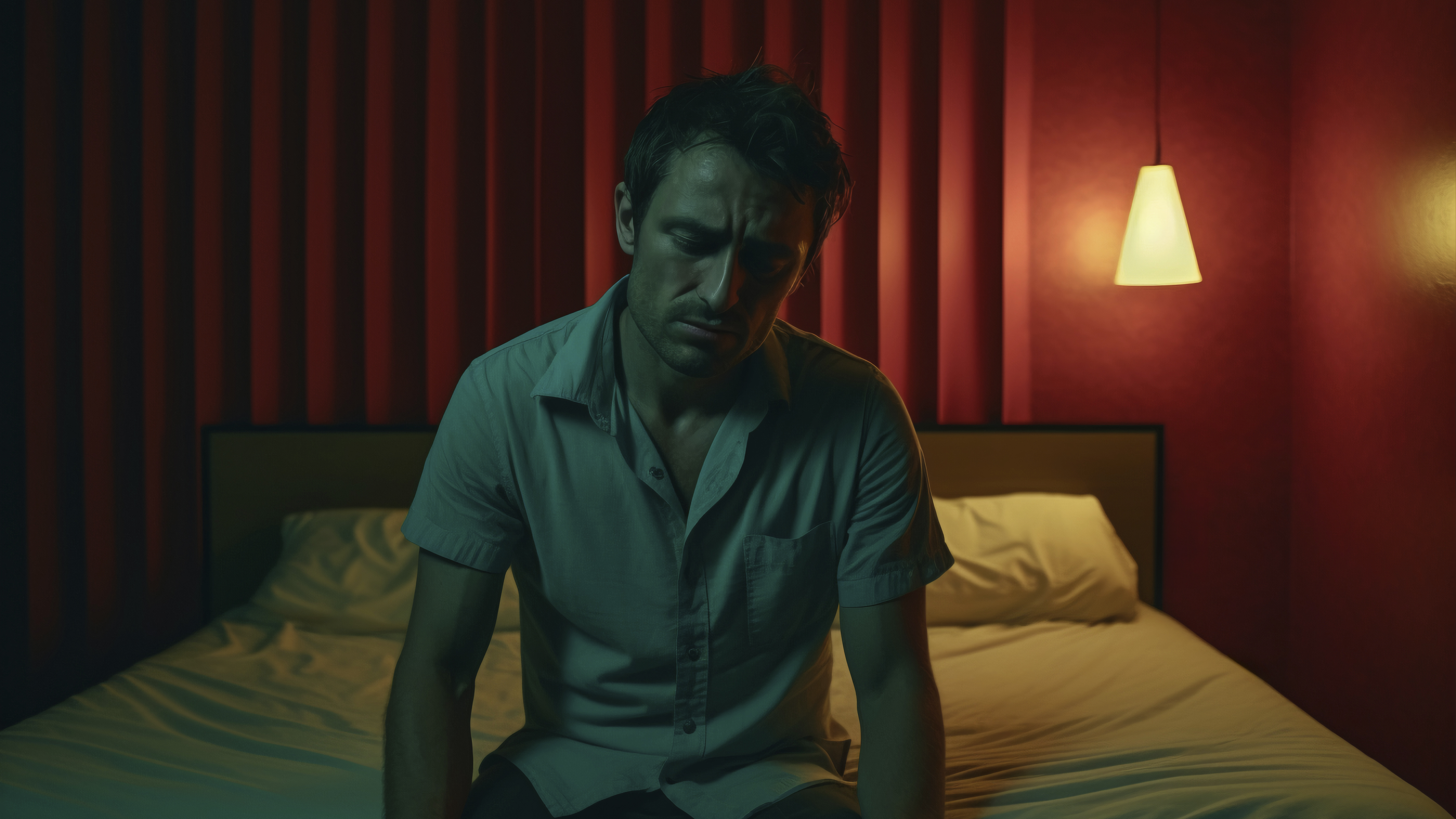 A worried man on a motel bed | Source: Freepik